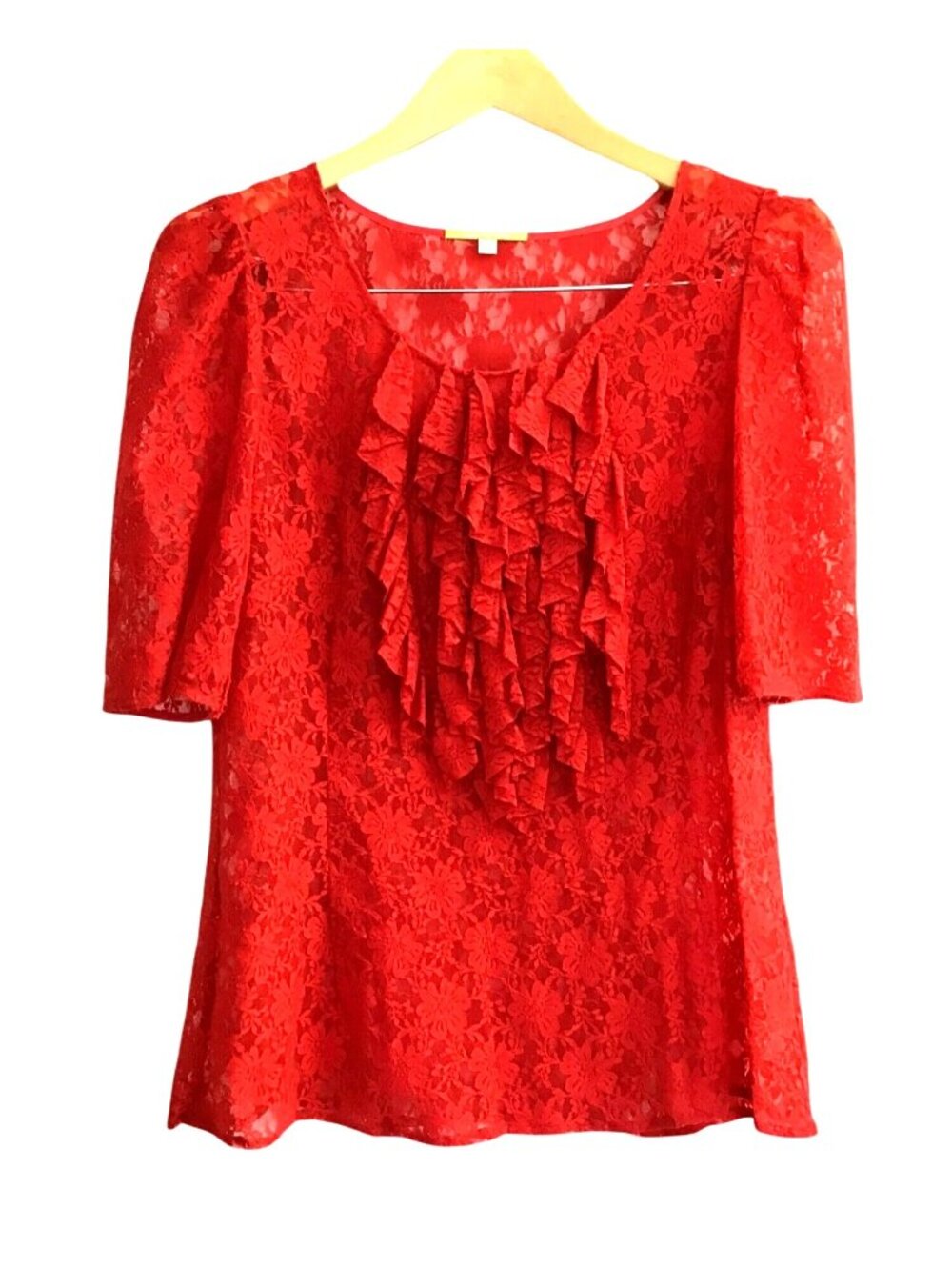 GIANNI BINI -WOMENS FRONT RUFFLE SHORT SLEEVE RED LACE WOMEN'S TOP SIZE LARGE